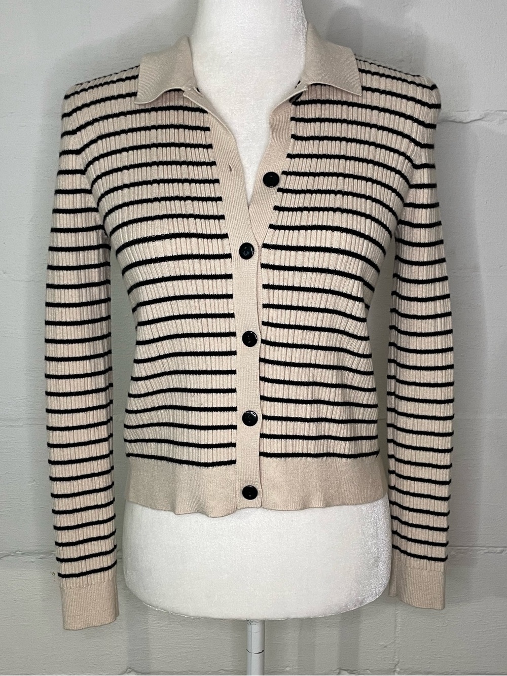 Marled Beige & Black Striped Rib-Knit Button Cardigan